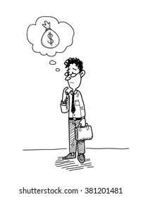 Businessman Wondering About Money (Dollar), a hand drawn vector illustration of a businessman imagining his profit.