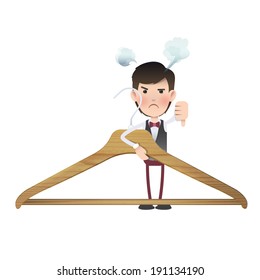 Businessman with wooden hanger over white background