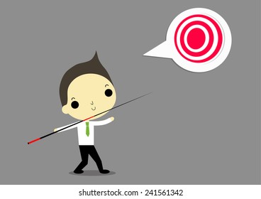 businessman with wooden javelin want to catch target that is he goal.