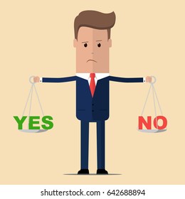 Businessman with words yes or no in balance. Business concept . Vector illustration