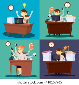 Businessman at Work. Businesswoman in Office. Multitasking Worker. Vector illustration
