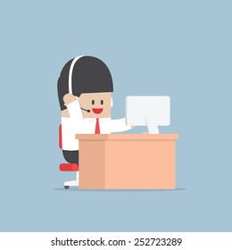 Businessman work as a call center with headphone and computer, VECTOR, EPS10