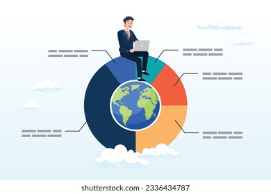 Businessman work with computer laptop on world pie chart, global portfolio asset allocation, world stock market investment, international market share pie chart, financial or world economic (Vector)