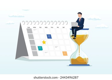 Ordenador portátil de trabajo de hombre de negocios en sandglass y fecha de calendario, fecha límite de calendario para terminar el trabajo, cuenta atrás para la fecha de lanzamiento, recordatorio o planificador, organizar el trabajo o la gestión de proyectos (Vector)