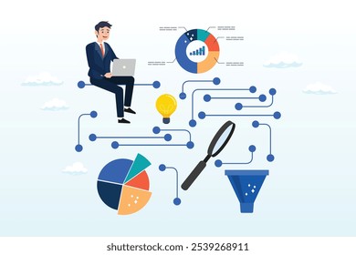 Los hombres de negocios trabajan con análisis de datos y lupa, análisis de datos de inteligencia empresarial para información comercial, base de datos o estadísticas, tecnología de marketing o embudo de datos o concepto de indicador