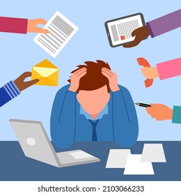 Businessman work hard and busy at office in flat design. Company employee working overtime with stress.