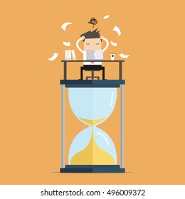 Businessman work hard at computer on big sand clock deadline concept. vector