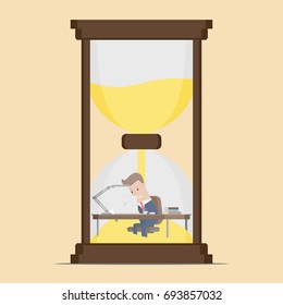 Businessman work hard at computer over big sand watch deadline concept. Vector Illustration