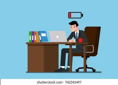 Businessman work hard and feel tired and very exhausted at the desk and running out of energy. Flat vector illustration design of employee character working with the laptop computer.