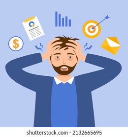 Businessman work hard and worrying about work problems at office in flat design. Company employee working with stress.