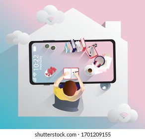 Businessman work at home Through mobile phone detention, Top view of big mock-up smartphone, internet wi-fi, remote work, during a pandemic of coronavirus. work from home concept Vector illustration