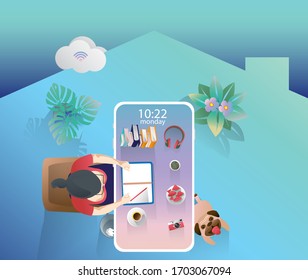 Businessman work at home Through mobile phone detention, Top view of big mock-up smartphone, internet wi-fi, remote work, during a pandemic of coronavirus. work from home concept Vector illustration