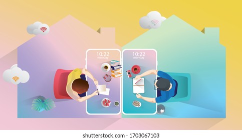 Businessman work at home Through mobile phone detention, Top view of big mock-up smartphone, internet wi-fi, remote work, during a pandemic of coronavirus. work from home concept Vector illustration