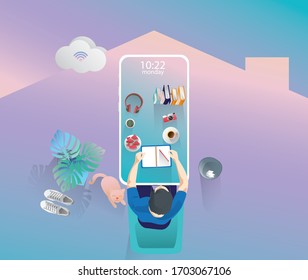 Businessman work at home Through mobile phone detention, Top view of big mock-up smartphone, internet wi-fi, remote work, during a pandemic of coronavirus. work from home concept Vector illustration