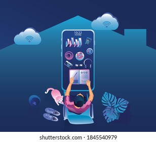 Businessman work at home Through Smartphone Top view of big mock-up smartphone, Young people, man and woman freelancers working internet wi-fi, remote work,  work from home concept Vector illustration