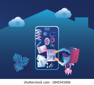 Businessman work at home Through Smartphone Top view of big mock-up smartphone, Young people, man and woman freelancers working internet wi-fi, remote work,  work from home concept Vector illustration