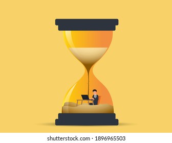 Businessman work inside a sand clock or hourglass representing deadline. productivity and time management concept.