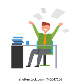 Businessman at work. Isolated vector illustration of happy man sitting and desk with pile of books and throwing up his papers on white background