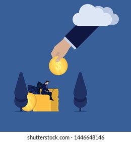 Businessman work with laptop above coins hand give coin from cloud metaphor of passive online income. Illustration For Wallpaper, Banner, Background, Book Illustration, And Web Landing Page.