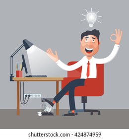 Businessman at Work. Man had an Idea with Light Bulb. Vector illustration