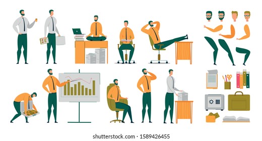 Businessman at Work in Office Set. Man Working with Documents, Equipment, Resting, Meditating, Reporting Company Financial Success, Talking Phone, Carrying Briefcase with Money. Vector Illustration