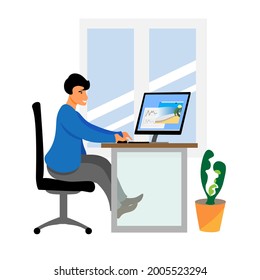 Businessman at work. Office worker man behind at desk and computer. Vector flat  design illustration.