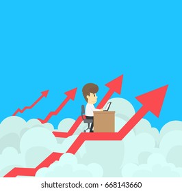 Businessman work on cloud, growth arrow more income,Businessman young cartoon happiness of success concept is man character. view emotions moving include icon of man, woman person.Vector  Illustration