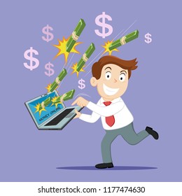 Businessman work on laptop with money online salary, illustration vector cartoon