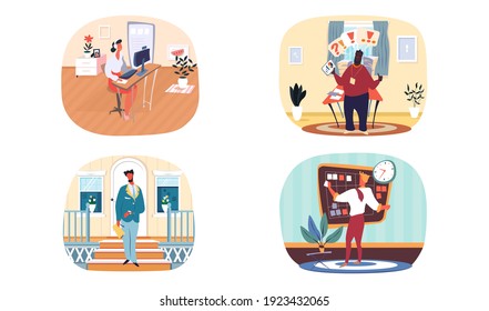 Businessman at work set of four scenes with man and woman office workers in their workplaces. Girl with headphones support operator, businessman makes schema on blackboard, stands solves problem
