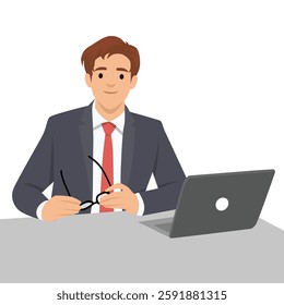 Businessman at Work sits at a desk with a laptop, holding his glasses with a confident. Flat vector illustration isolated on white background