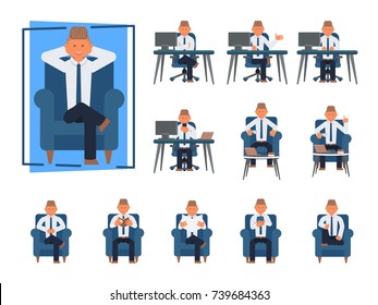 Businessman work sitting front view cartoon character design set. Male smile poses and gestures. Animated style , People flat vector illustration.