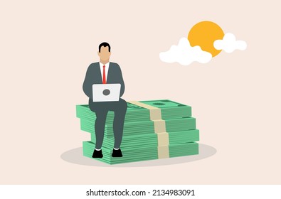 Businessman at work sitting on a top of stack of paper money, concept design