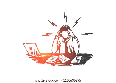 Businessman, work, stress, financial report concept. Hand drawn upset man at work place with laptop concept sketch. Isolated vector illustration.