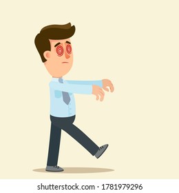 Businessman workaholic . A young worker walking to work early in the morning, hypnotized like a zombie. Brainwashed employee. Vector illustration, flat design, cartoon style, isolated background.