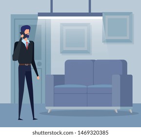 businessman worker calling with smartphone in the livingroom