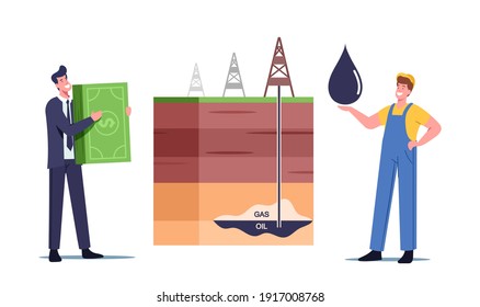 Businessman and Worker Characters Change Oil on Money at Cross Section Platform with Rig Extracting Oil and Gas Formation. Drilling Technology Get Fossil Resource. Cartoon People Vector Illustration