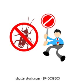 businessman worker chase away stop Cockroach pest insect cartoon doodle flat design style vector illustration