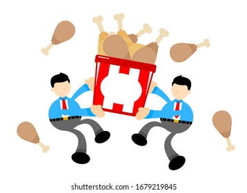 businessman worker and chicken drumstick bucket box snack cartoon doodle flat design style vector illustration
