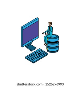 businessman worker with computer and data center disks vector illustration design