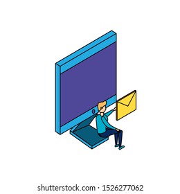 businessman worker with computer and envelope vector illustration design