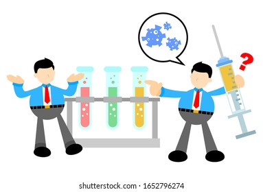 businessman worker create experiment laboratory medicine drug for virus pathogen cartoon doodle flat design style vector illustration