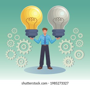 Businessman worker holding two huge light bulbs idea symbol icon vector illustration.