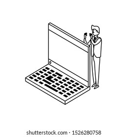 businessman worker with laptop computer vector illustration design