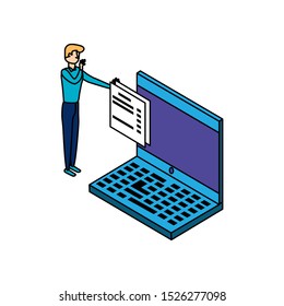 businessman worker with laptop and documents vector illustration design