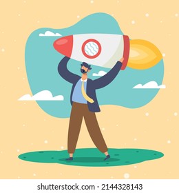 businessman worker lifting rocket character