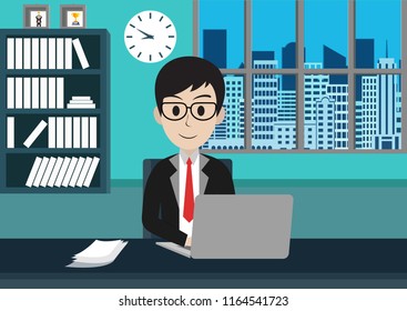 Businessman in worker in office sit at the desks with notebook. workspace with table and computer. Big boss office. There is furniture a blue background in the picture. vector illustration