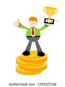 businessman worker pick trophy win money finance champion cartoon doodle flat design style vector illustration
