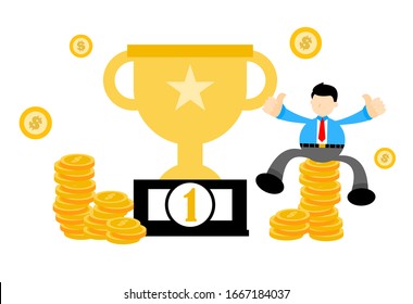 el hombre de negocios da un pulgar hacia arriba y se sienta en un montón de monedas junto a un gigantesco trofeo de oro. el objeto de la imagen está aislado en un fondo blanco, iconos para fines comerciales 