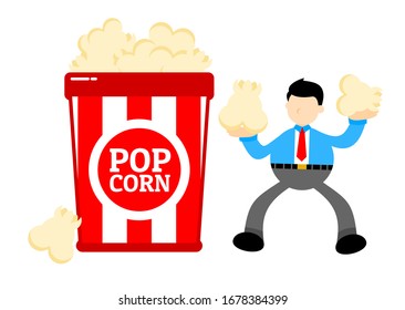 businessman worker and popcorn snack bucket cartoon doodle flat design style vector illustration