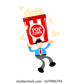 businessman worker and popcorn snack bucket cartoon doodle flat design style vector illustration